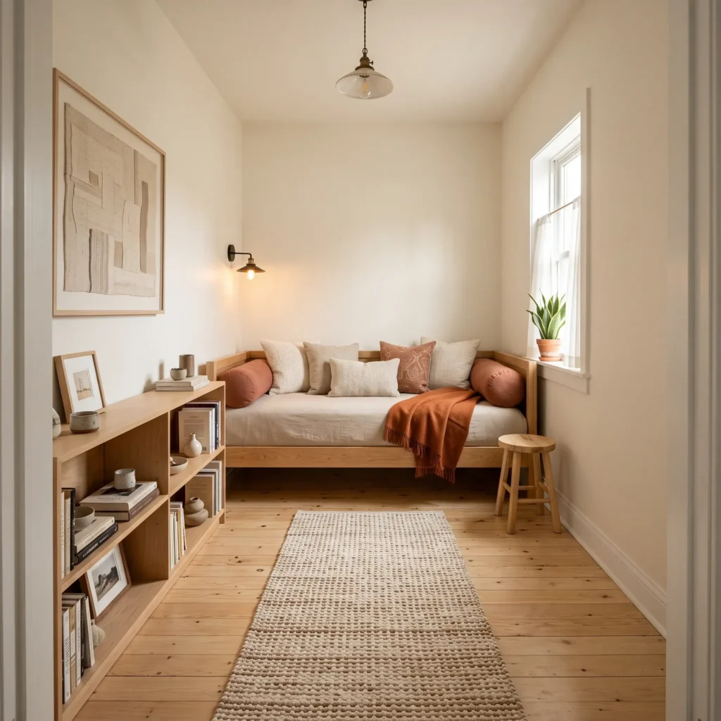 Long narrow bedroom featuring a full daybed tucked along the back wall to open up central floor space.