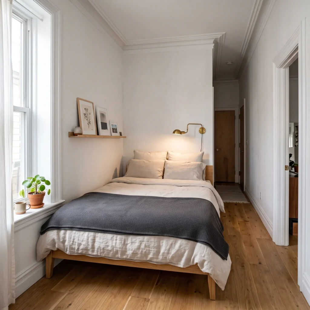 Queen platform bed arranged across the far short wall of a narrow apartment bedroom to open up walkway space.