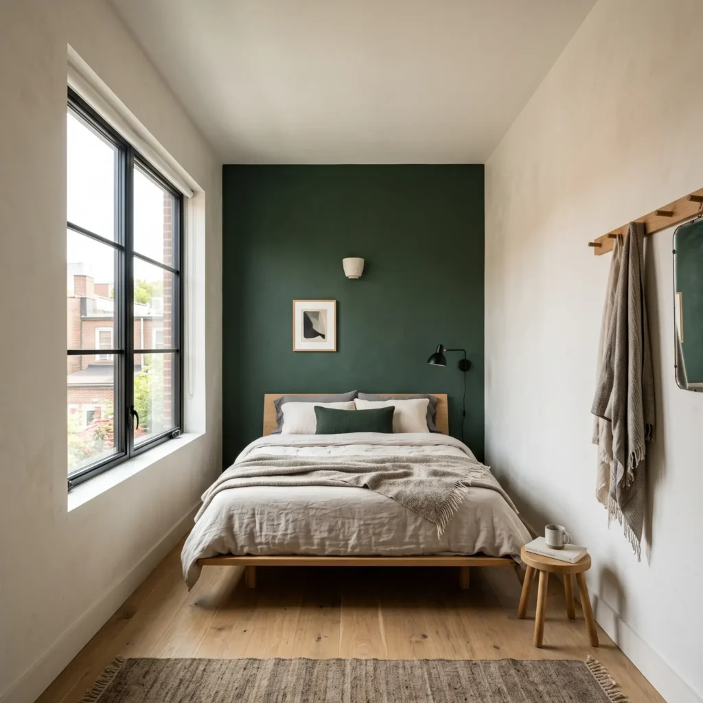 Narrow bedroom with a deep forest green short accent wall and white side walls to balance room length.
