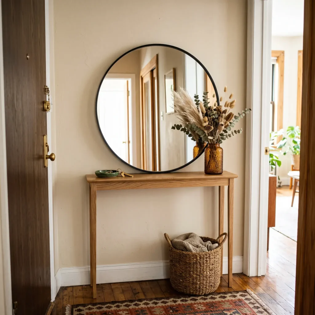 Narrow oak entryway console with a round mirror, catchall tray, and floor basket.