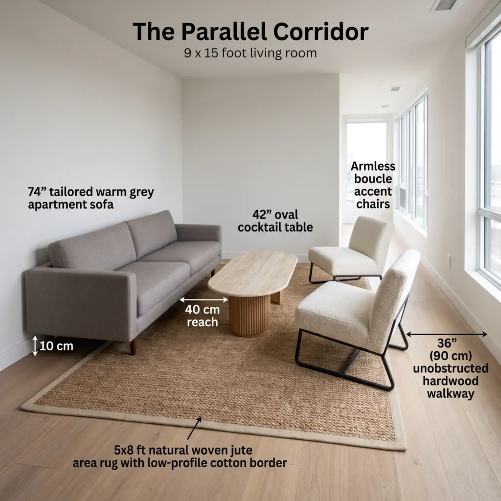 Long narrow living room layout featuring a shallow couch facing two armless boucle chairs across an oval travertine table.