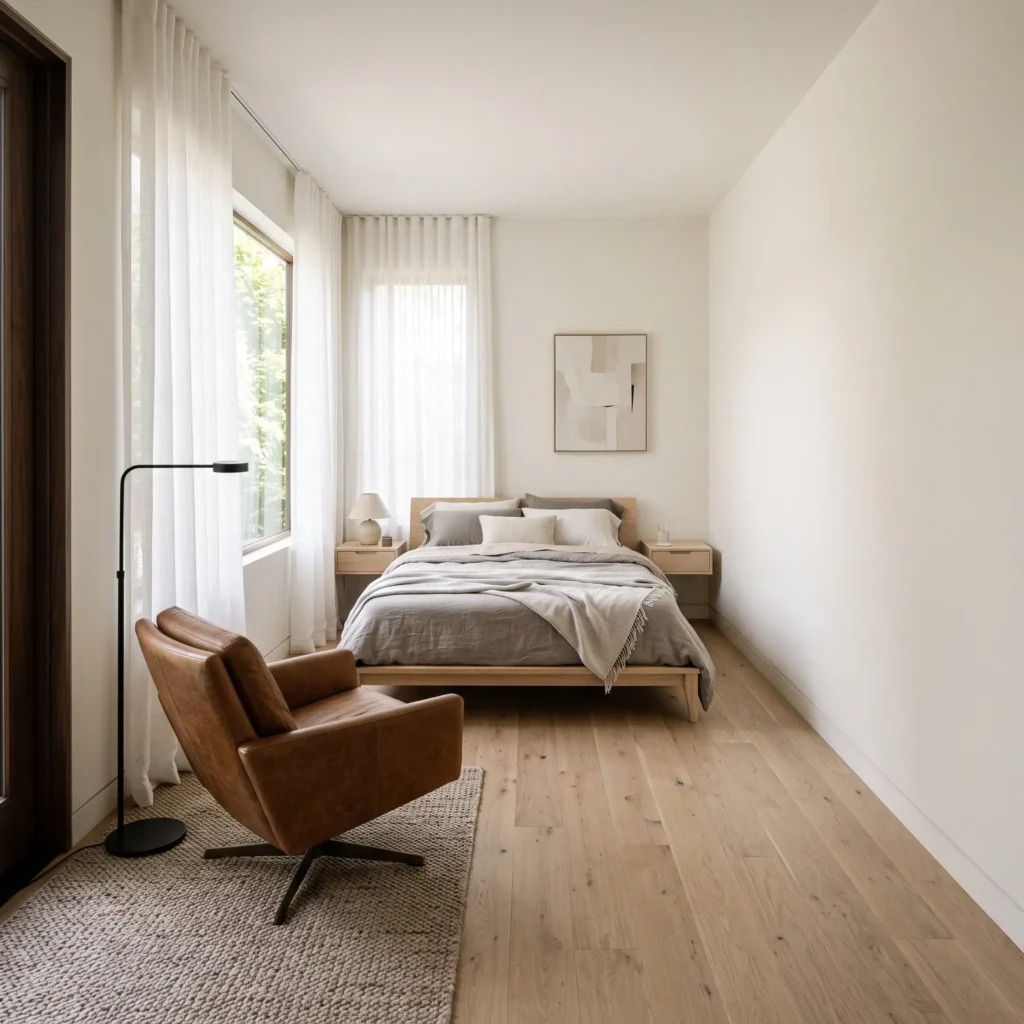 Narrow 12x18 primary bedroom arrangement showing a low ash wood bed at one end and a leather reading chair in the opposite corner.