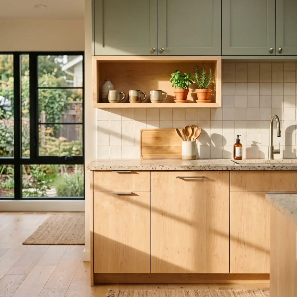 Natural blonde hard maple kitchen cabinets paired with muted sage green painted cabinets and terrazzo counters.