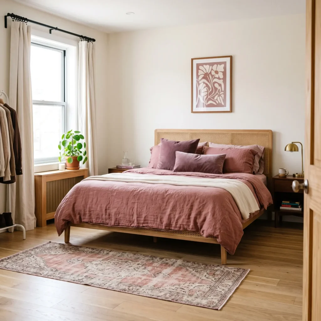 Bright bedroom with off-white walls, cane headboard, and layered dusty rose linen bedding.