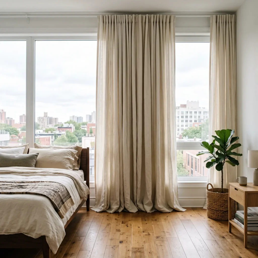Floor-to-ceiling cream linen curtains hung high and wide using no-drill headrail brackets in a bright apartment bedroom.