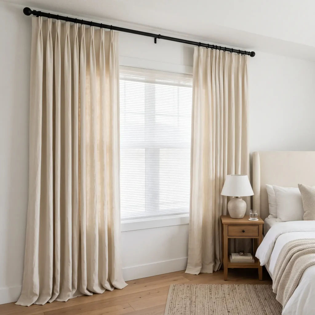 Floor-to-ceiling cream pinch-pleat curtains mounted on top of rental window trim without drilling.