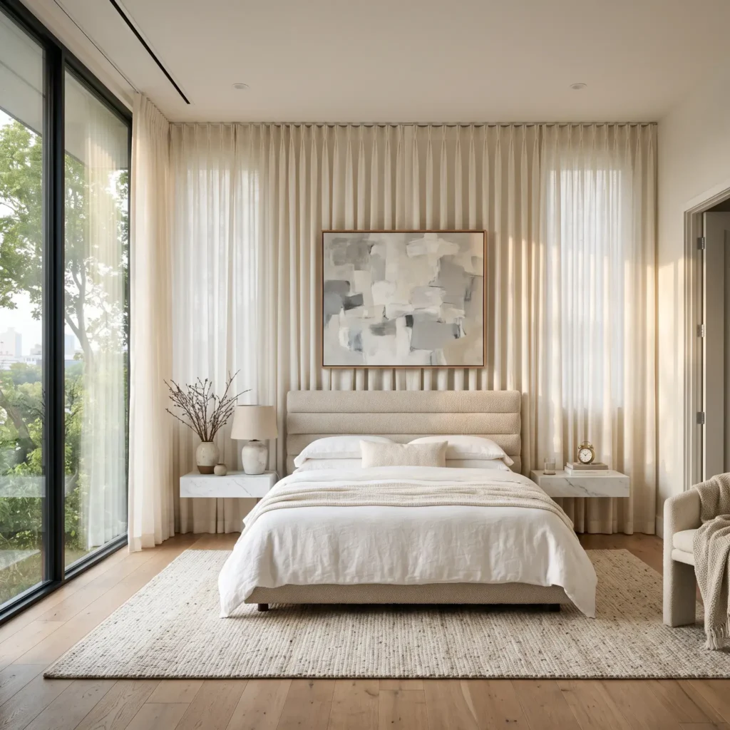 Master bedroom featuring a continuous ceiling-mounted drapery track covering an asymmetrical window wall behind the headboard.