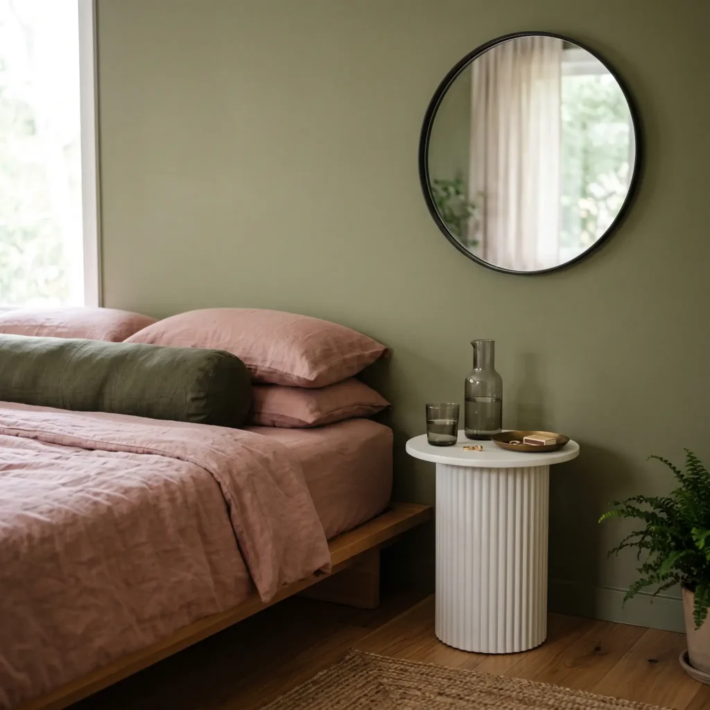 Contemporary bedroom styling showing muted olive green walls paired with dusty blush pink linen bedding and black accents.