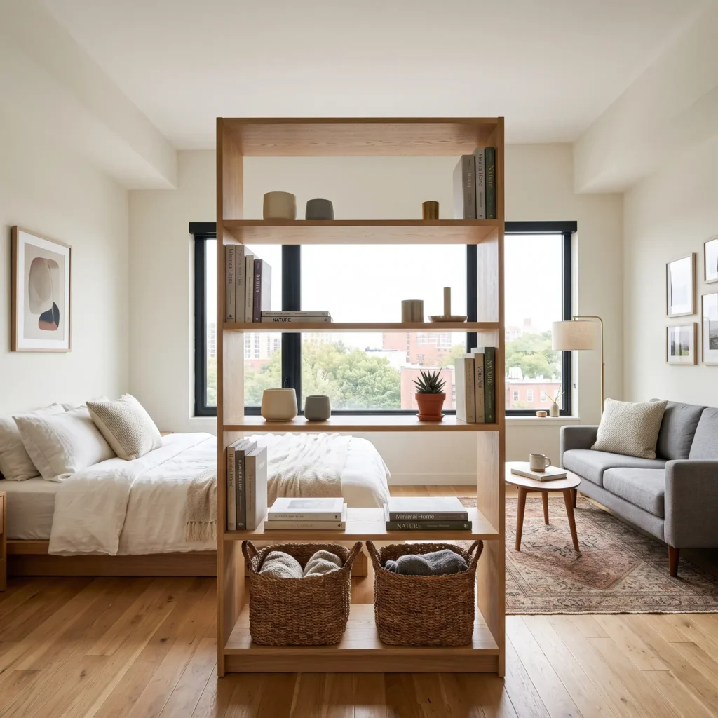 An open back double sided shelving unit separating a studio bed from a small living room setup.