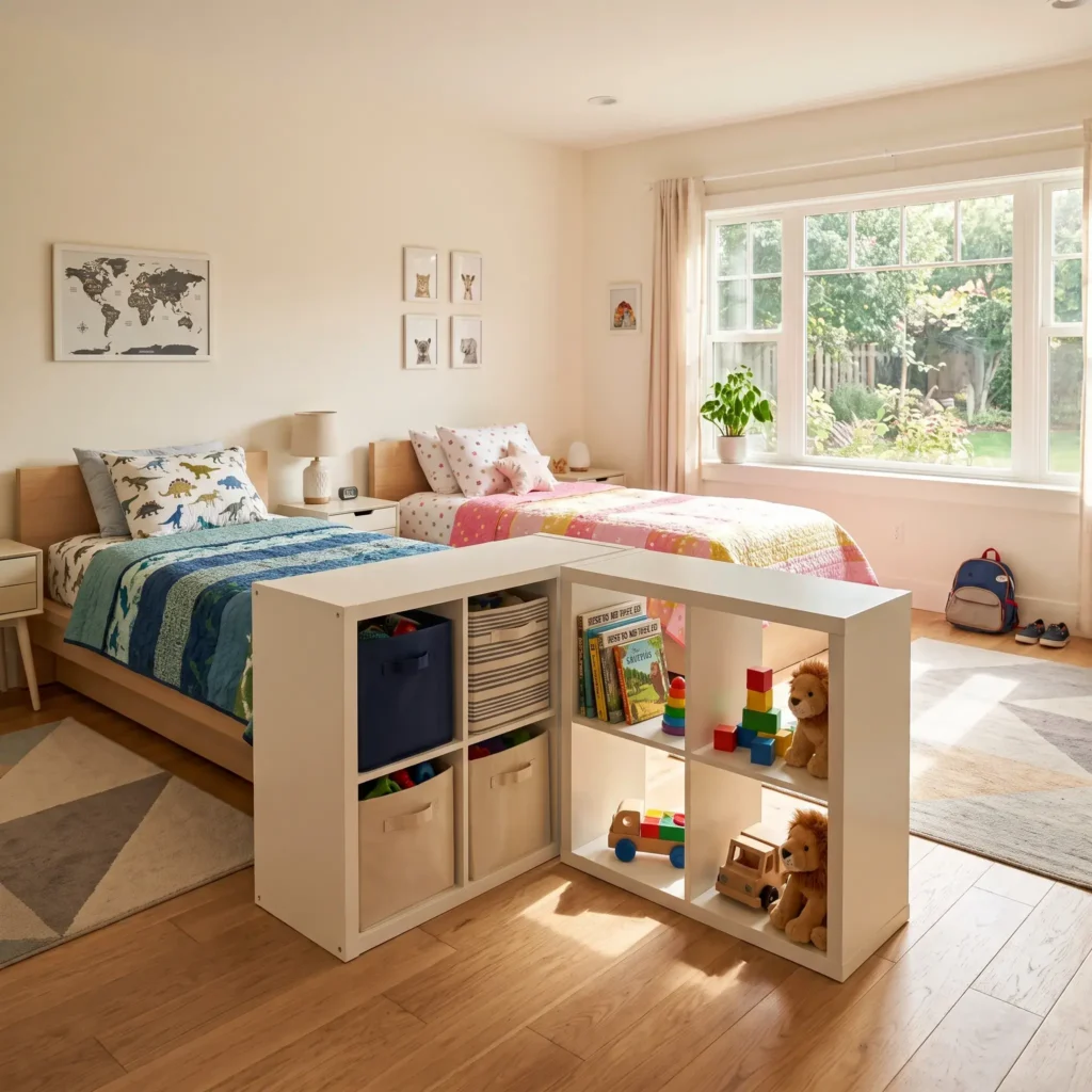 Low open-back cube shelf placed between two beds acting as a privacy divider and toy storage in a kids room.