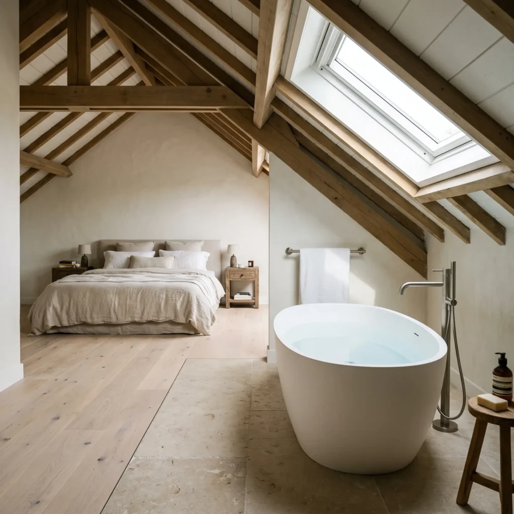 Open-concept attic bedroom featuring a freestanding oval soaking tub tucked beneath a sloped eave.