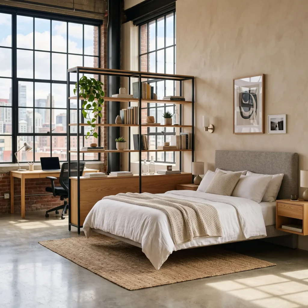 Open-back shelving unit acting as a room divider behind a queen bed in an apartment.
