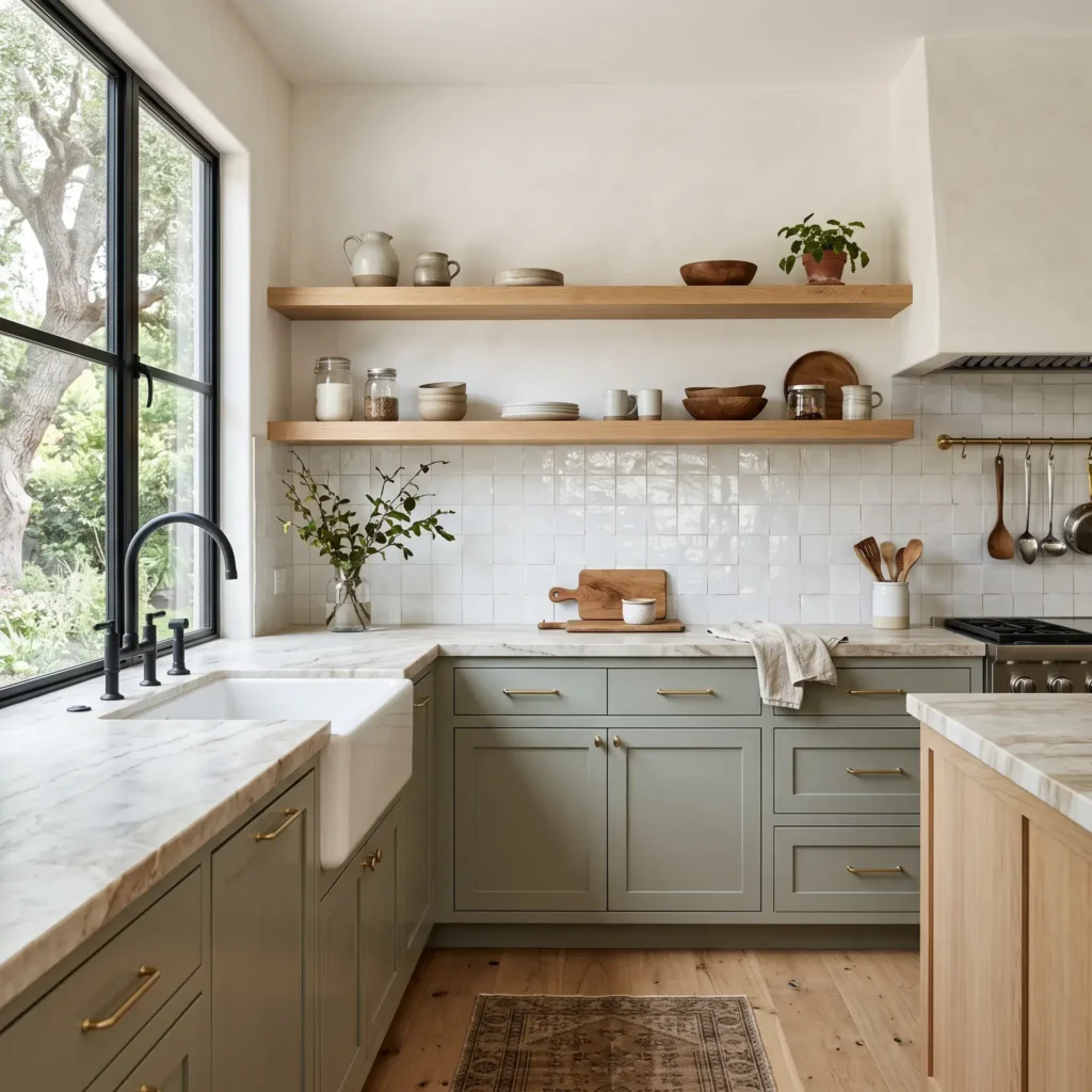 Slim-rail modern Shaker cabinets painted Sherwin Williams Evergreen Fog paired with rift-sawn white oak floating shelves and Taj Mahal quartzite.