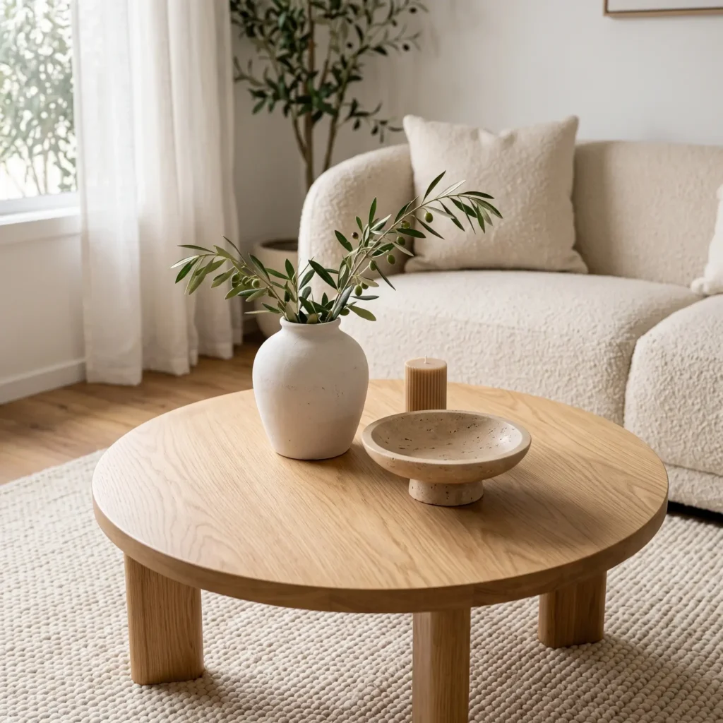 Round oak coffee table styled with an unglazed ceramic vase, olive branches, and a travertine footed bowl.
