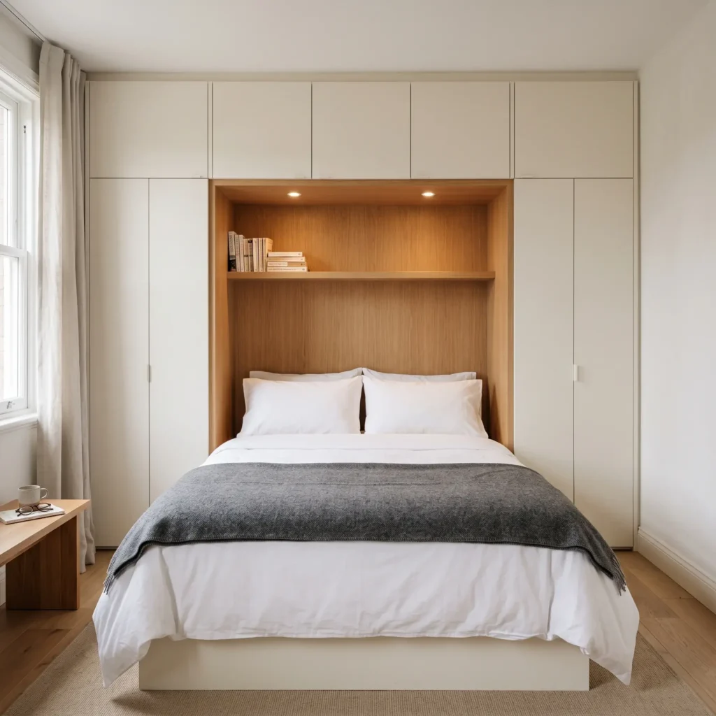 Built-in white cabinetry framing a bed with overhead bridge storage and recessed nook.