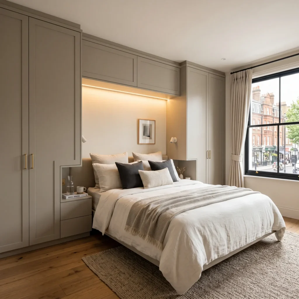 Built-in over-bed bridge storage unit with flanking wardrobe cabinets and warm integrated under-cabinet lighting.