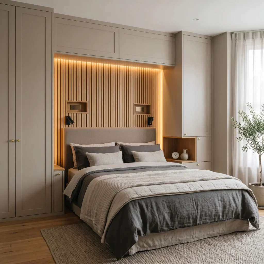 Custom built-in storage bridge framing a queen bed with vertical wardrobes and overhead cabinets.