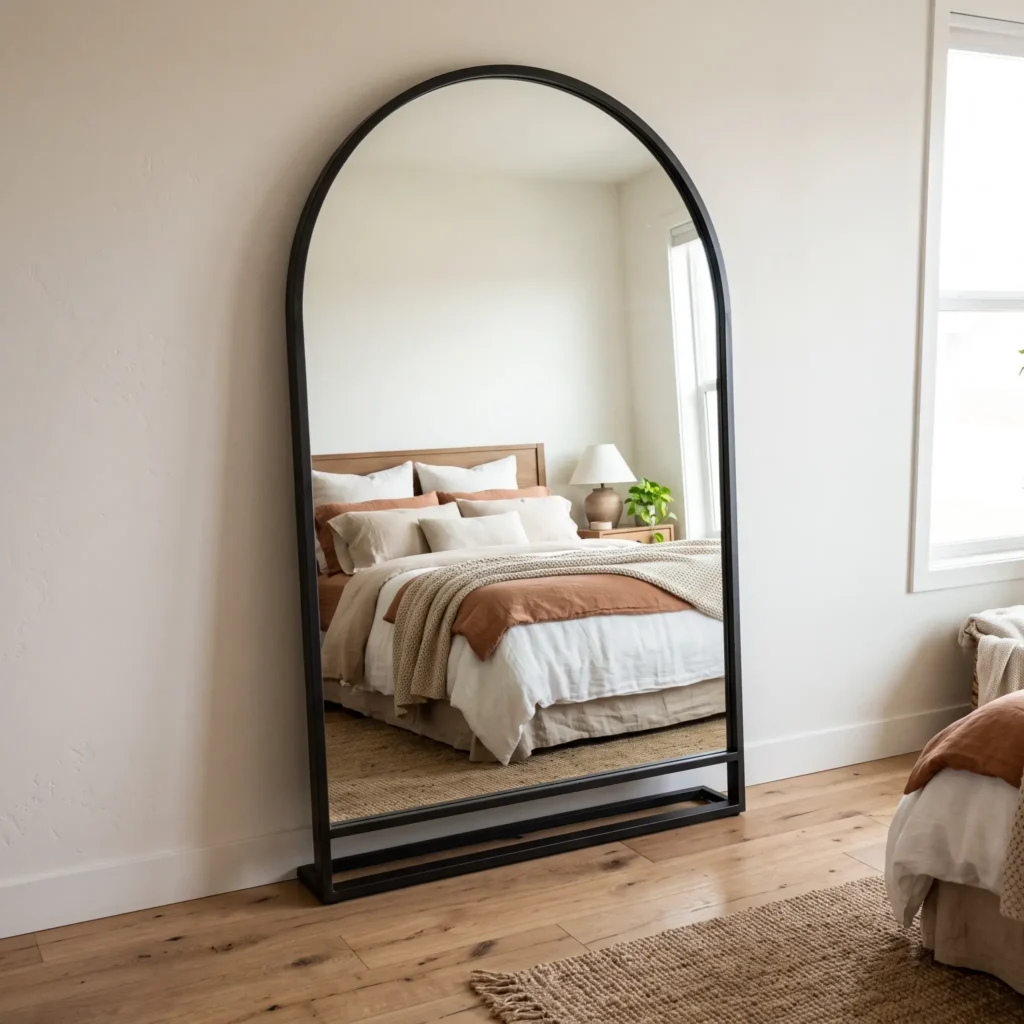 Full-length black metal floor mirror leaned against a rental bedroom wall reflecting natural light.