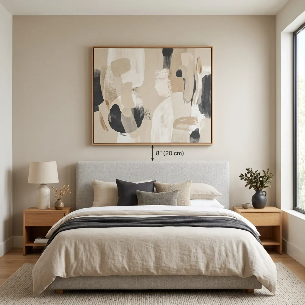 A large minimalist canvas print in a thin oak frame hung centered above an upholstered bed frame.