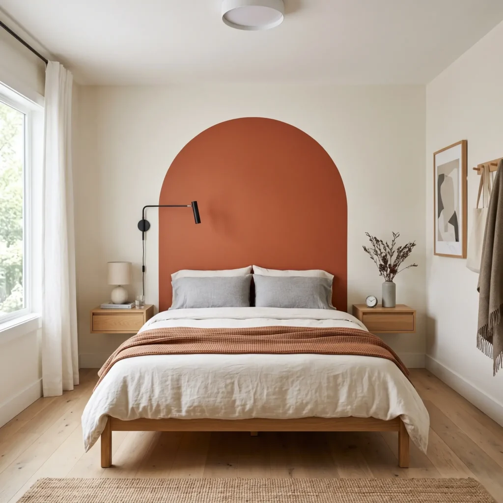 Minimalist bedroom with a painted terracotta arch on a white wall serving as an artistic headboard frame.