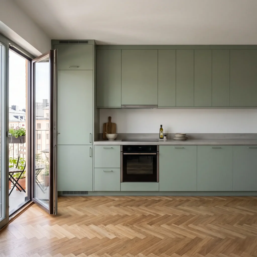 Sage green single-wall kitchen featuring panel-ready hidden refrigerator and dishwasher flush with base cabinetry.