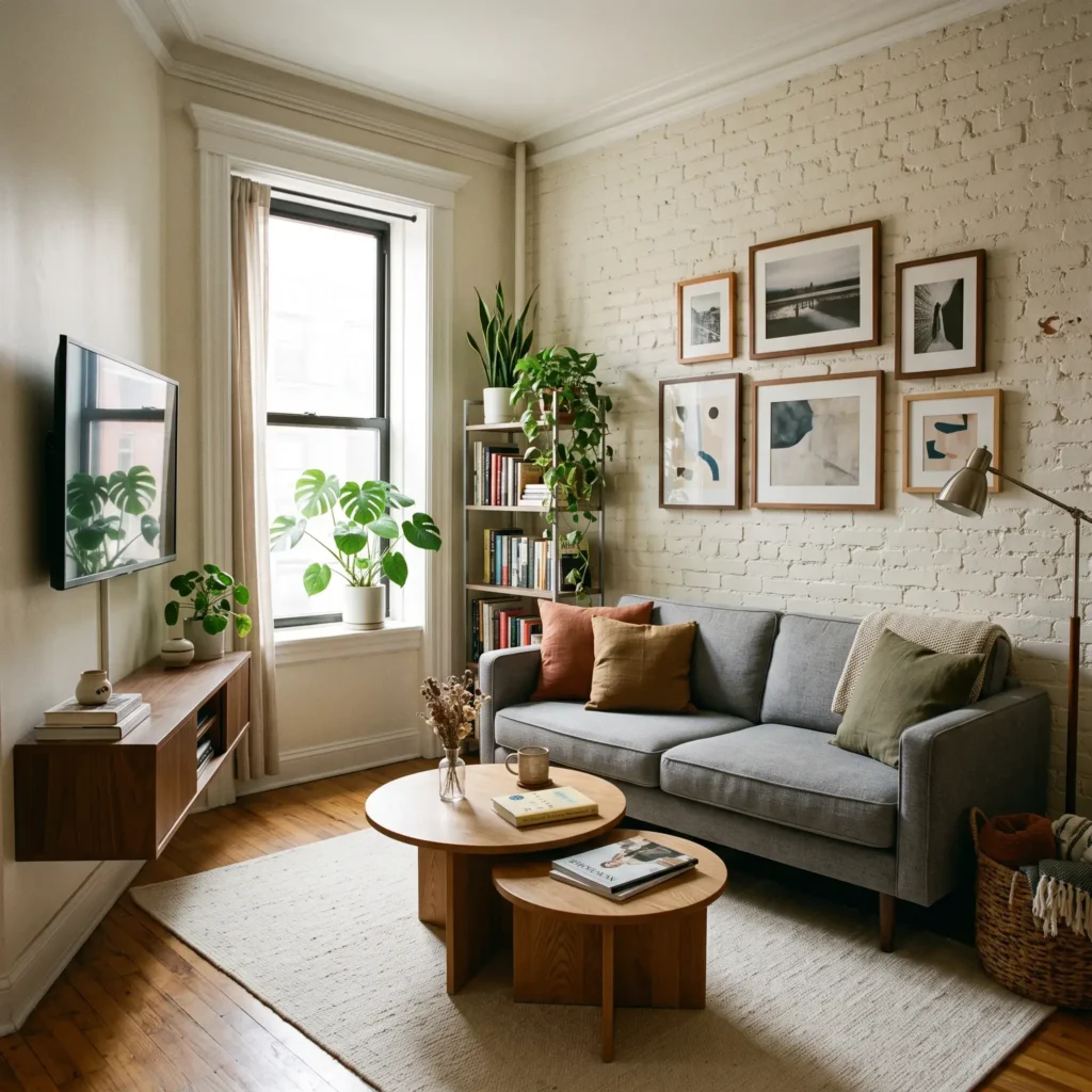 Parallel living room layout in a small apartment with a tailored sofa opposite a wall-mounted console.