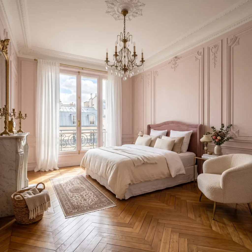 Parisian bedroom with decorative wall moulding painted pale dusty pink, herringbone floors, and brass lighting.