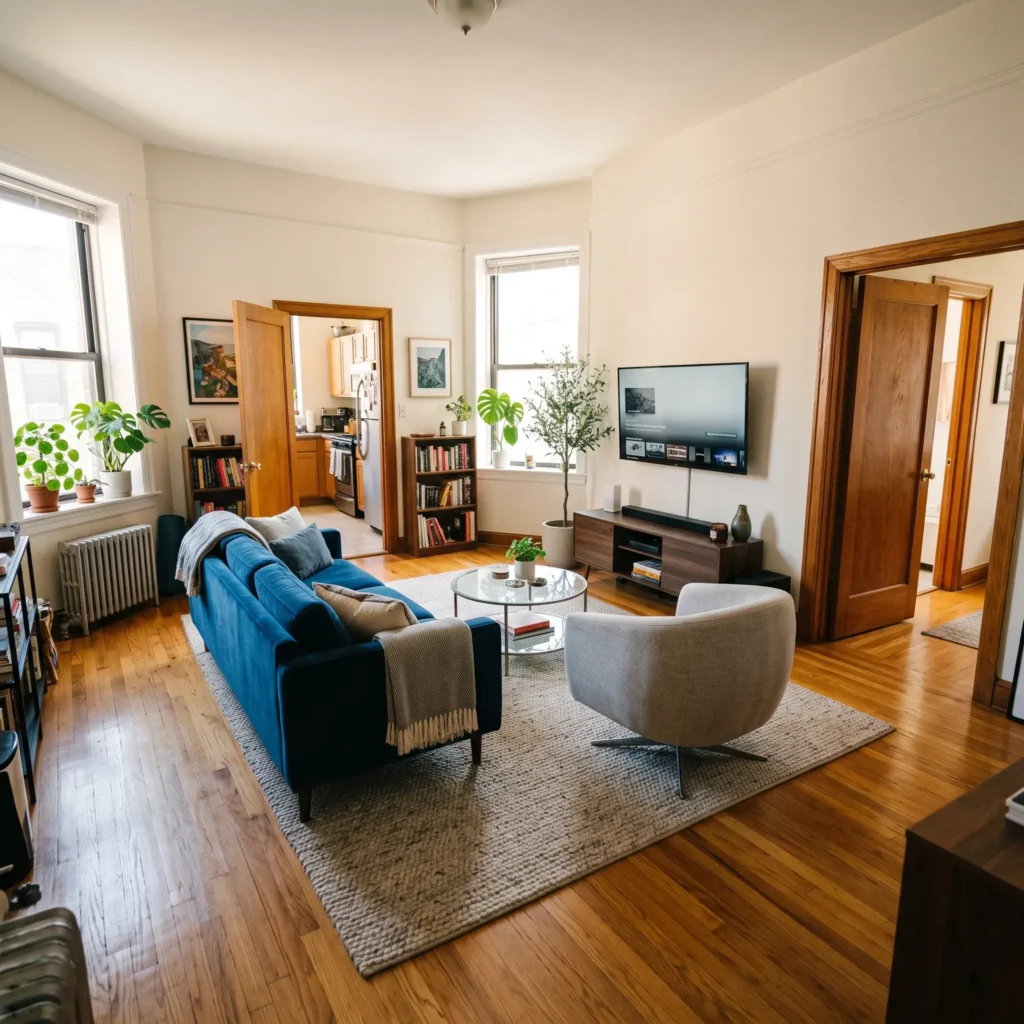 Pass-through apartment living room layout directing foot traffic around an offset furniture grouping.