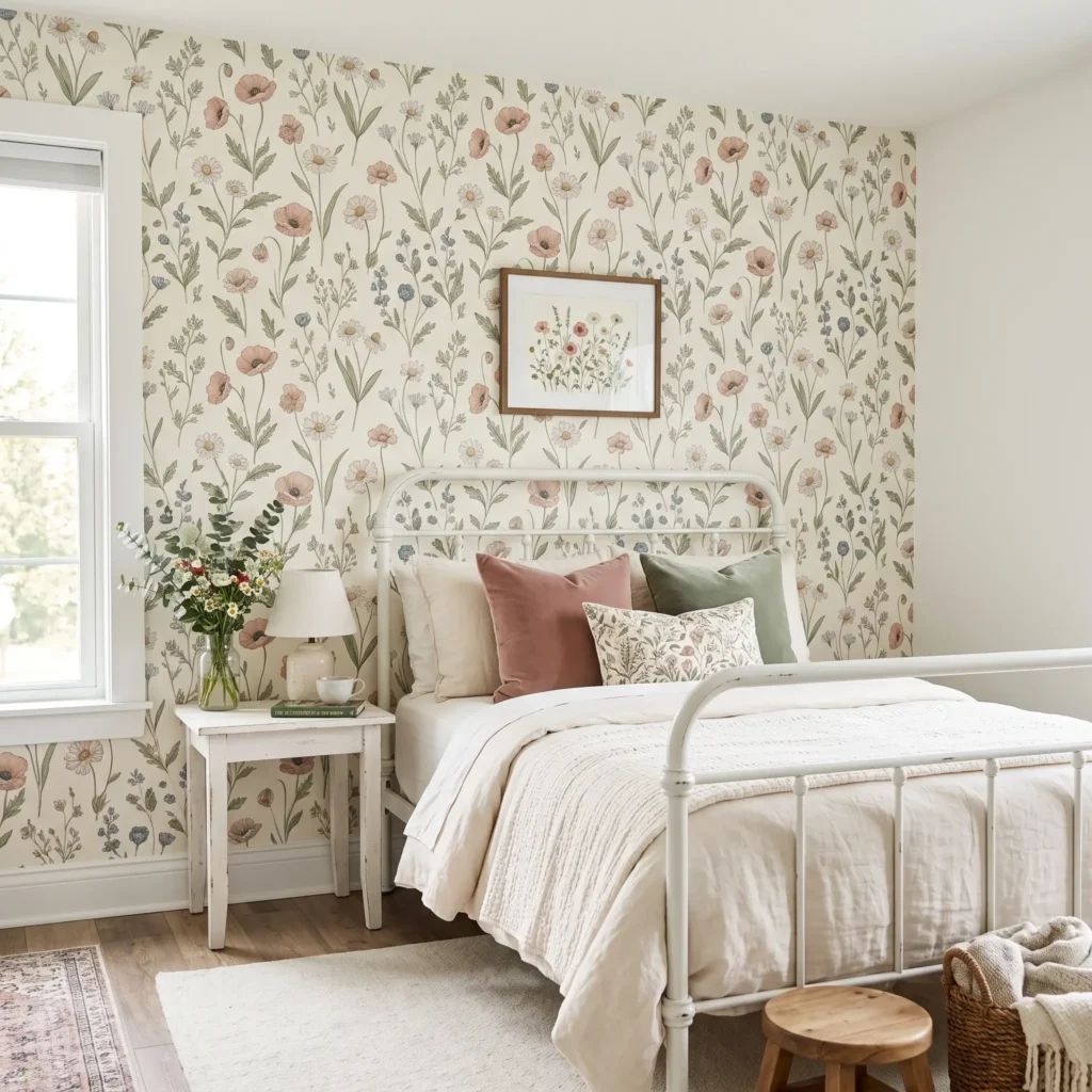 Removable floral wallpaper installed behind a white metal bed in a girl's bedroom.