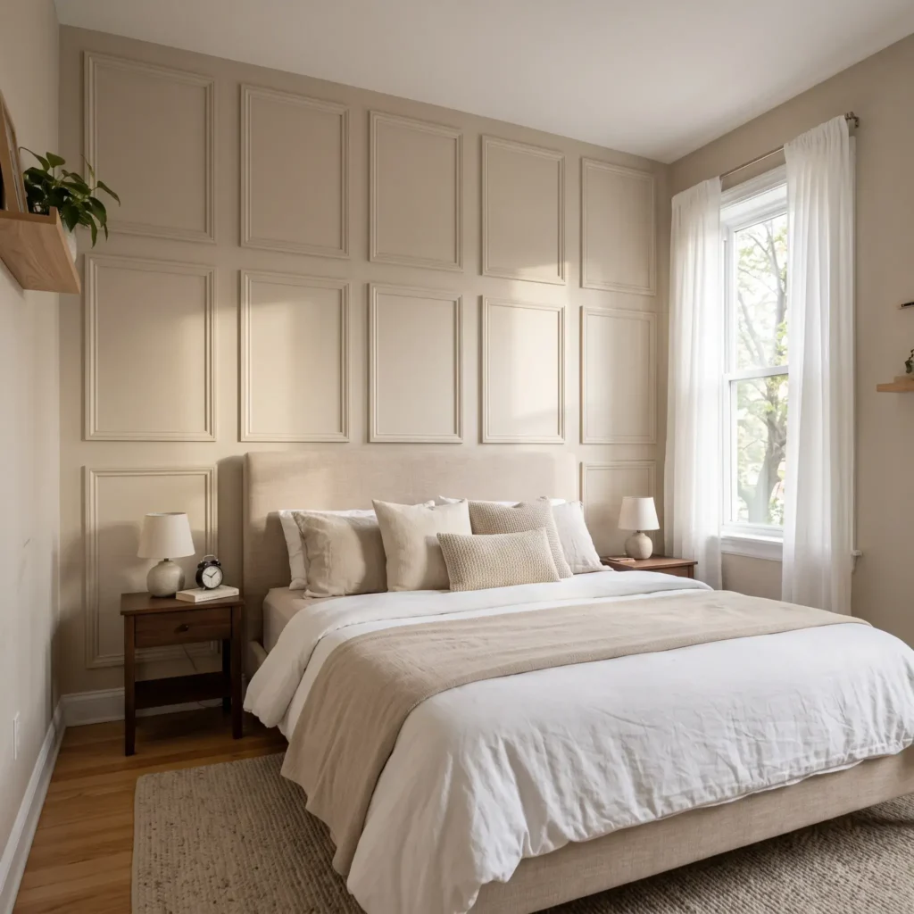 Removable picture frame wood moulding panels creating an accent wall behind a bedroom headboard.