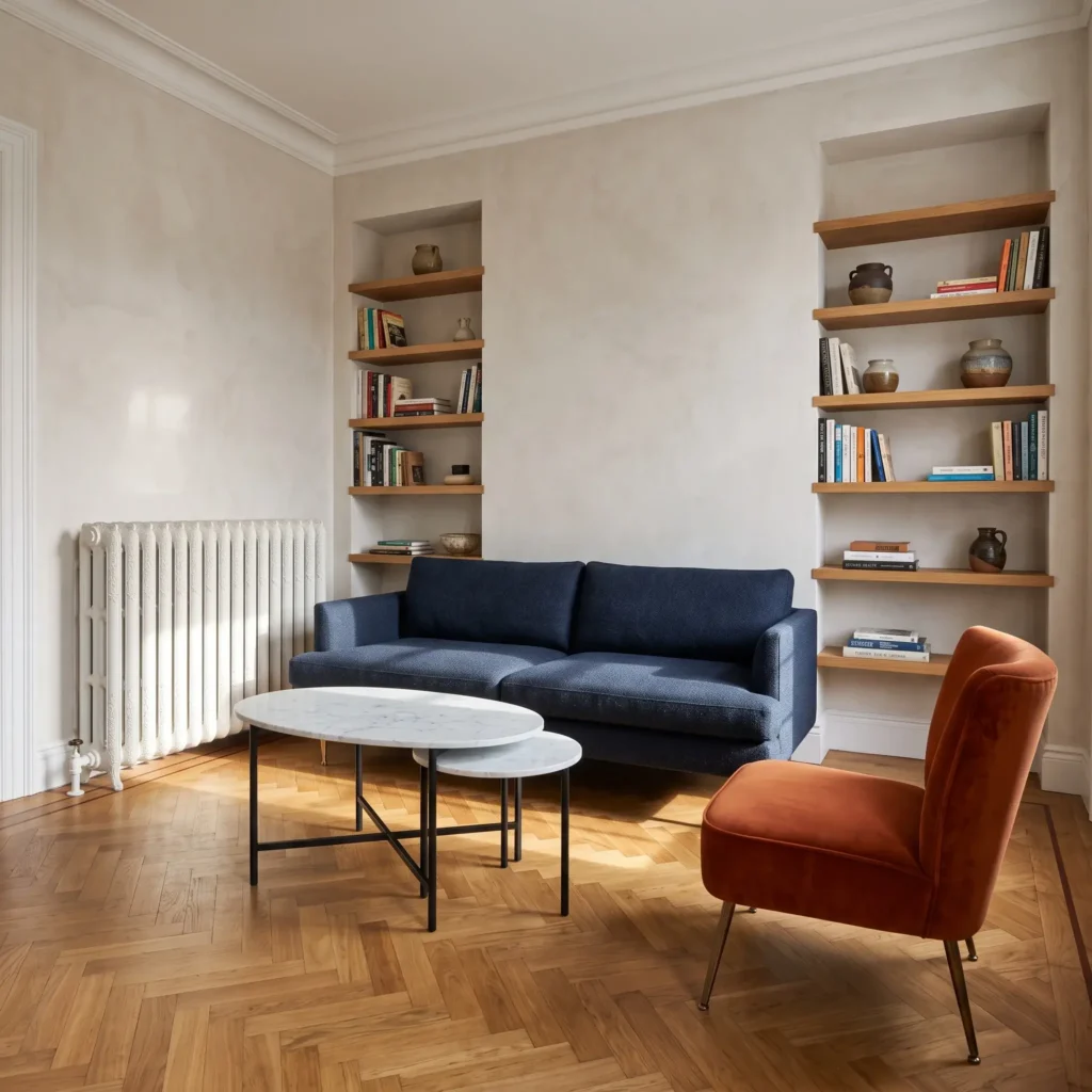 Historic apartment living room showing a navy sofa floated six inches away from a cast-iron radiator, flanked by alcove shelves.