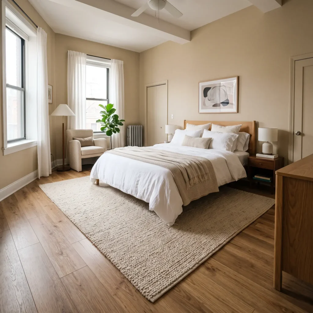 Flatweave wool rug positioned perpendicularly under the lower two-thirds of a queen-sized bed frame.
