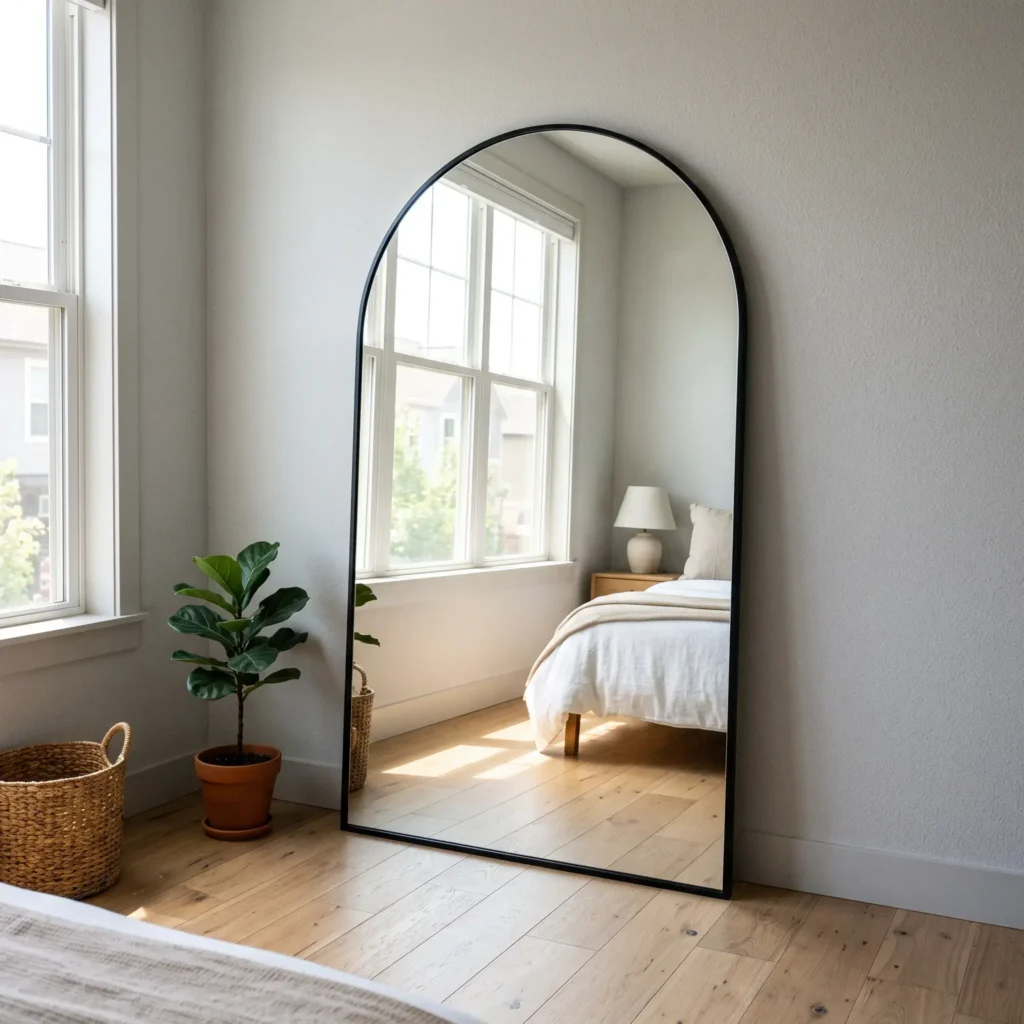 Tall black metal framed mirror leaning against a long wall reflecting light across a narrow bedroom.