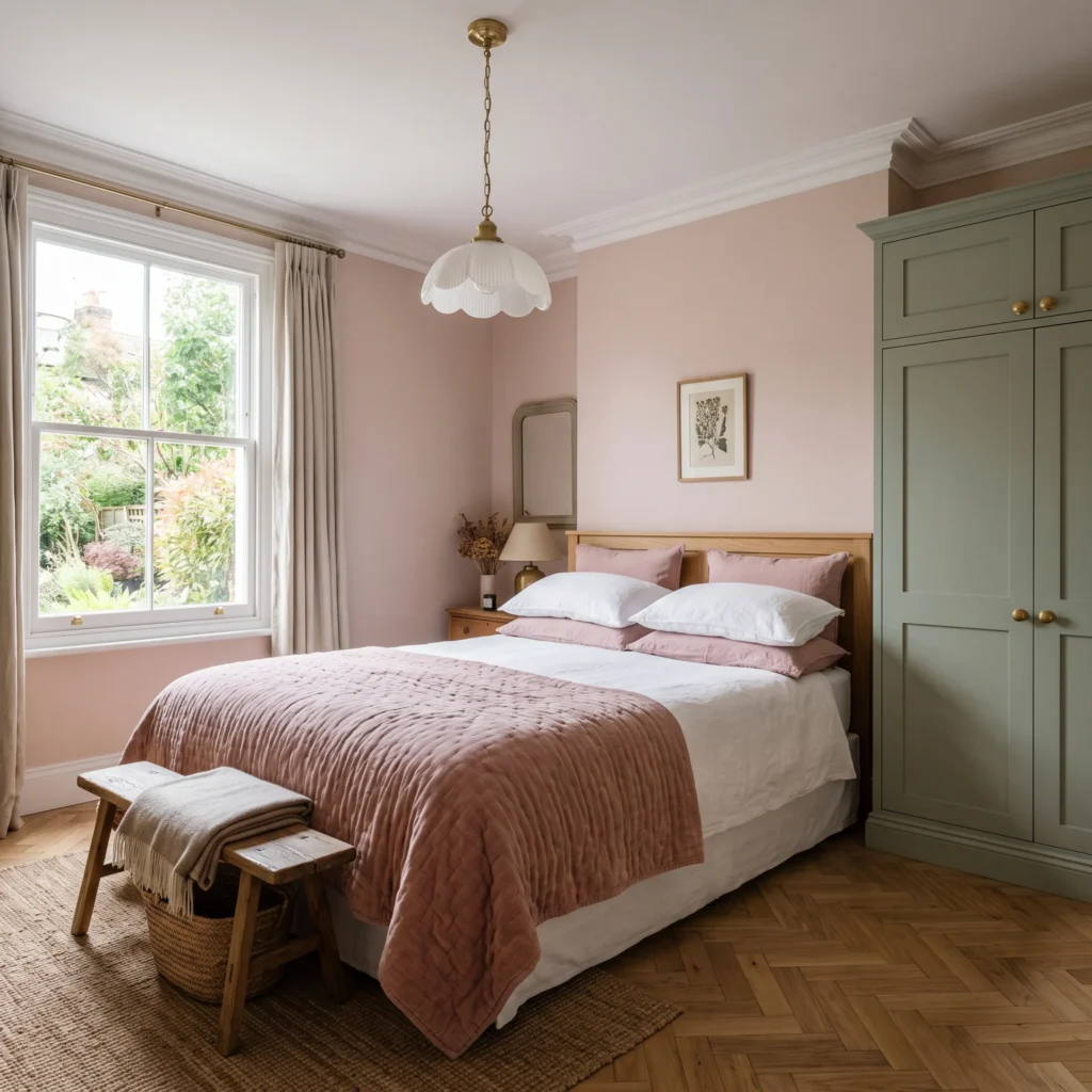 Modern bedroom balancing soft pink walls with sage green built-in cabinetry and oak parquet floors.