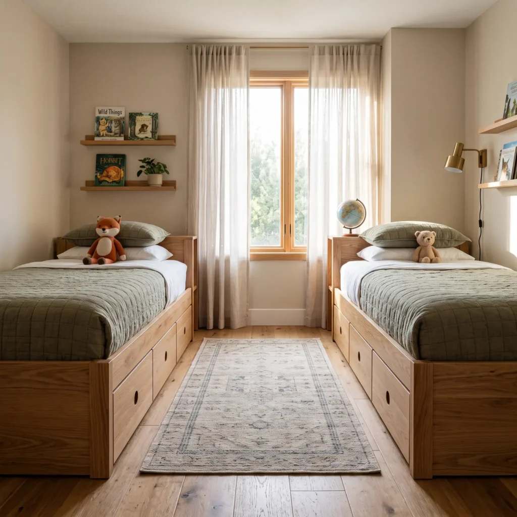 Built-in wooden captain bed with four large under-bed storage drawers in a small shared kids bedroom.