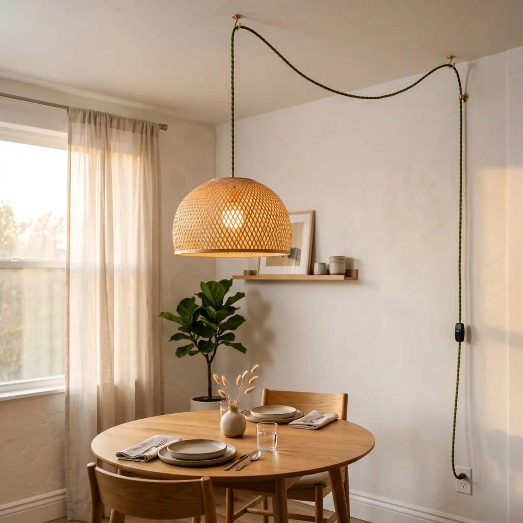 Woven rattan pendant light hanging from a ceiling hook over a round wooden dining table