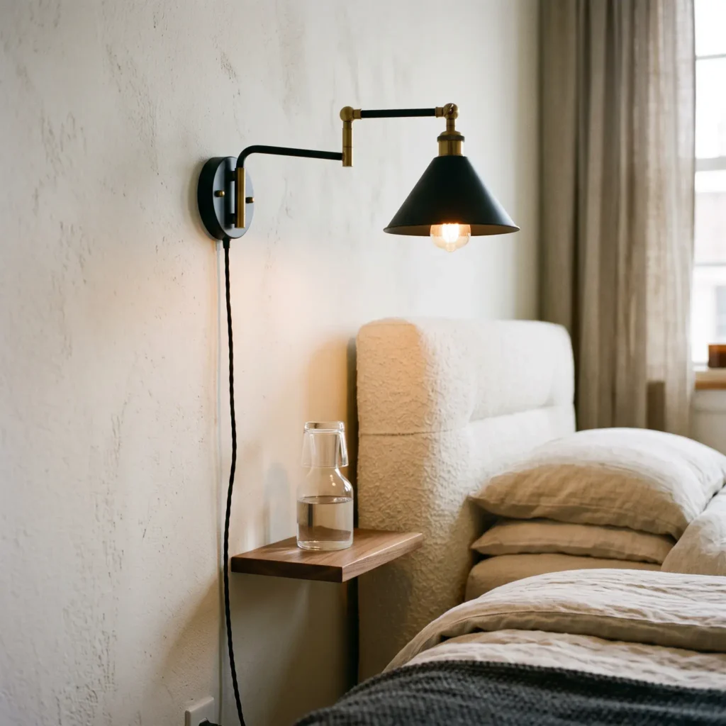 Matte black plug-in swing arm wall sconce mounted next to an upholstered headboard emitting warm light.