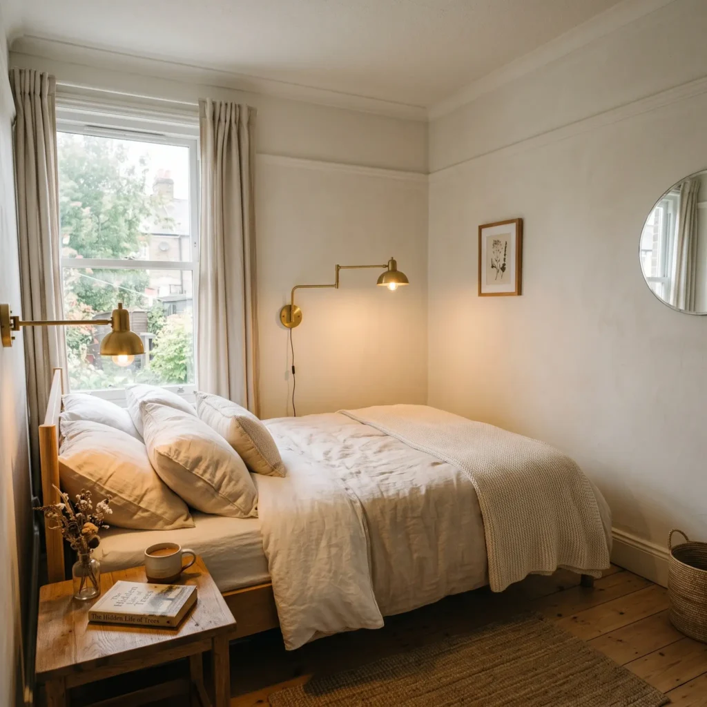 Brass swing-arm wall sconce mounted above a bed in a monochromatic chalk-white small bedroom.