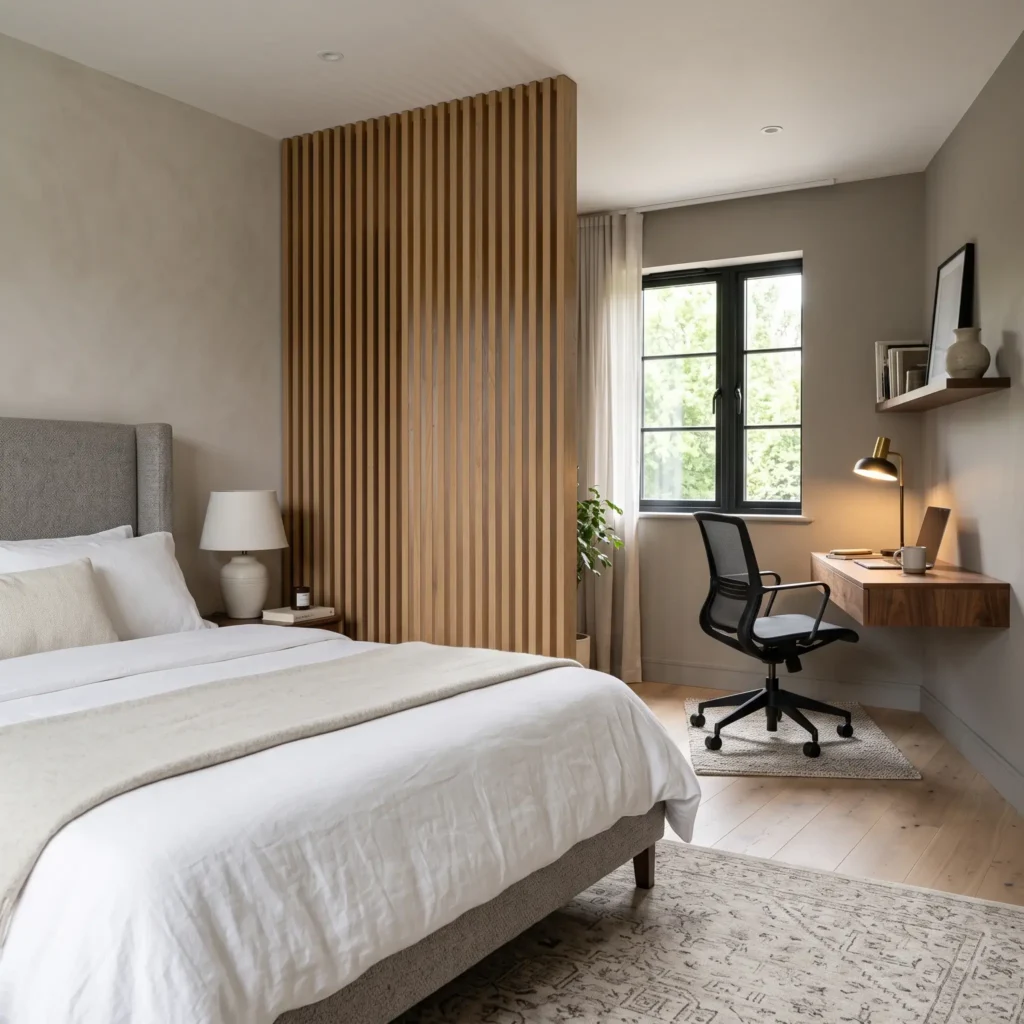 Primary bedroom suite with an integrated desk workspace separated from the king bed by a slatted wood partition.
