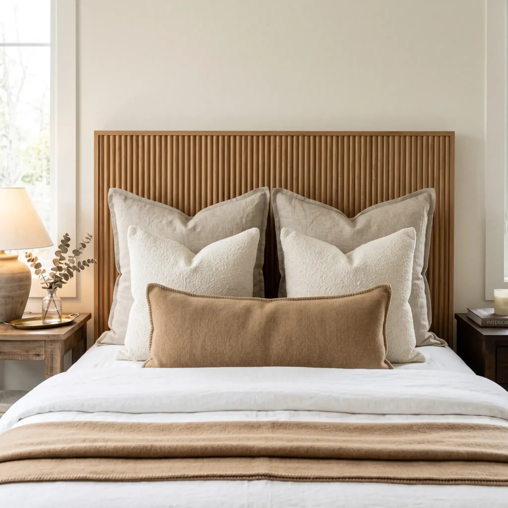A queen bed displaying two large Euro shams, two accent pillows, and an extra long lumbar pillow.