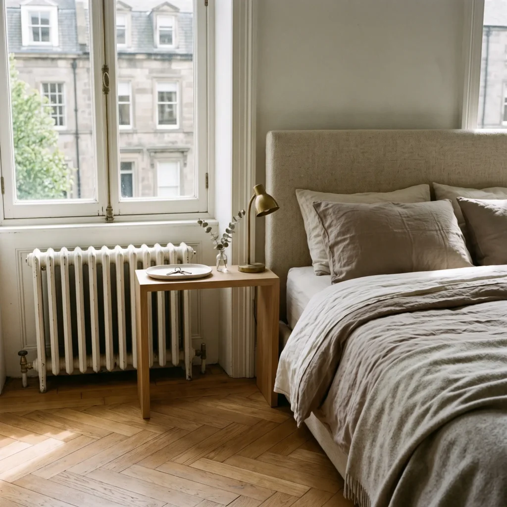 Bed frame positioned twelve inches forward from a steam radiator with a slim console table buffer.
