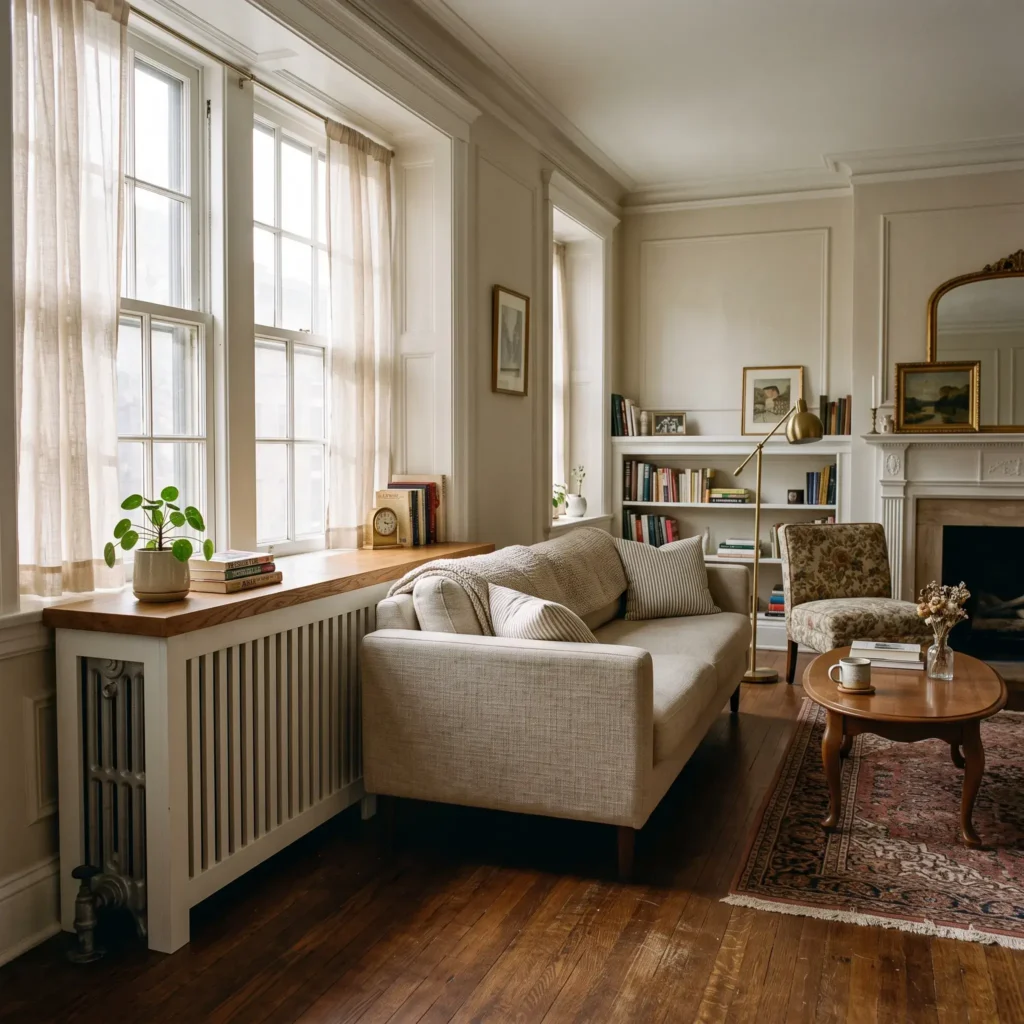  Small apartment living room layout showing proper furniture clearance from a wall radiator.