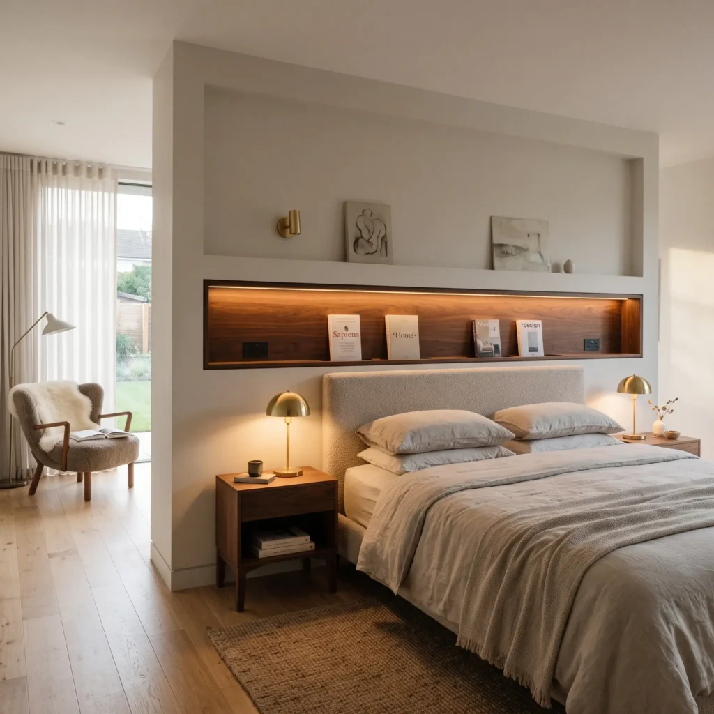 Shared bedroom featuring a built-in drywall storage niche behind the bed with concealed warm lighting.