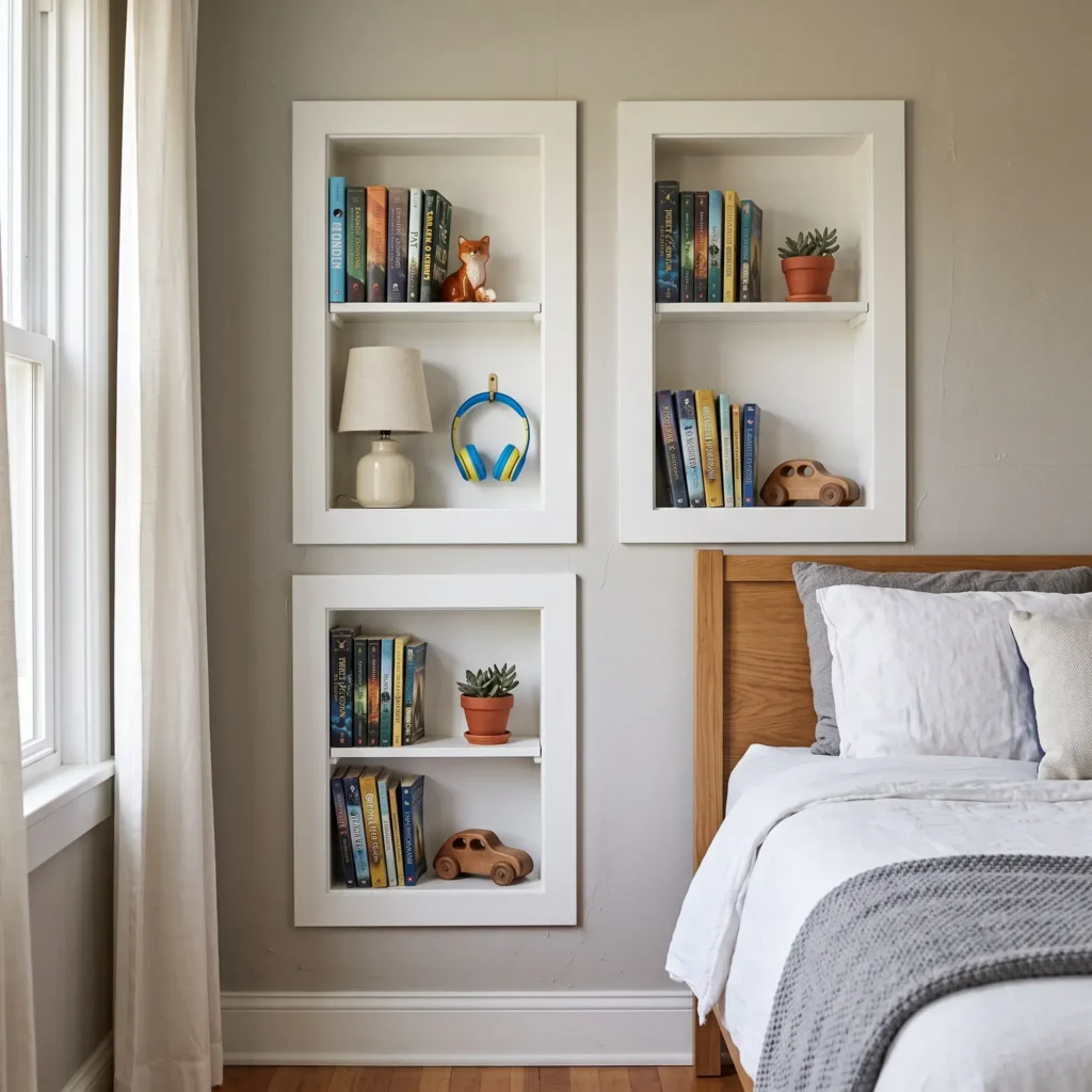 Built-in recessed wall shelf between wall studs next to a child bunk bed holding books and a small lamp.