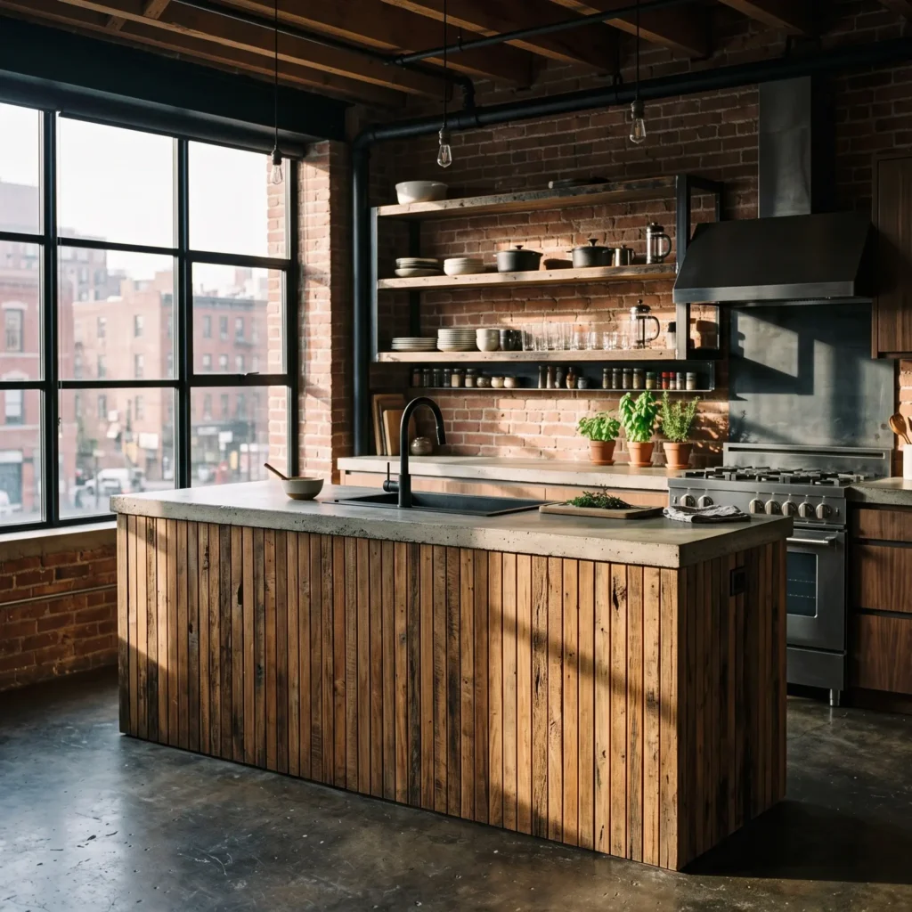 Modern industrial kitchen featuring a reclaimed teak slat island and matte poured concrete countertops.