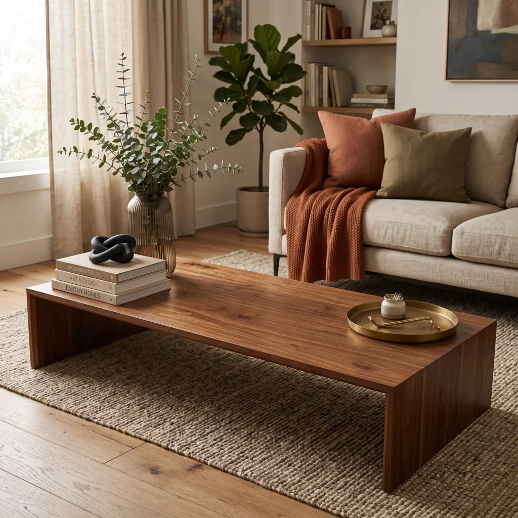 Rectangular walnut coffee table featuring asymmetrical styling with a tall glass vase on one side and books on the other.
