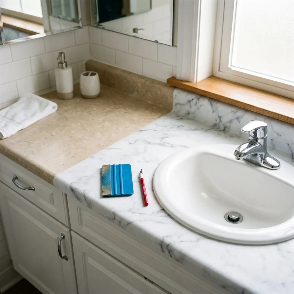 Rental bathroom vanity countertop wrapped in realistic matte marble cast vinyl with a neat silicone seal around the drop-in sink.
