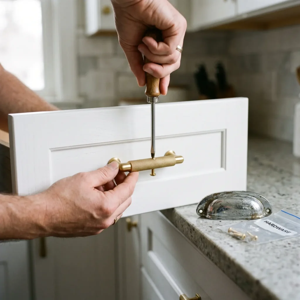 Hand replacing a dated chrome cabinet pull with a modern knurled brass handle on a white rental vanity door using a hand screwdriver.