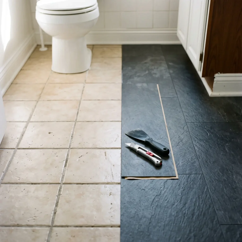 Removable stone-pattern peel-and-stick vinyl flooring installed over rental ceramic tiles using a protective underlayment sheet.