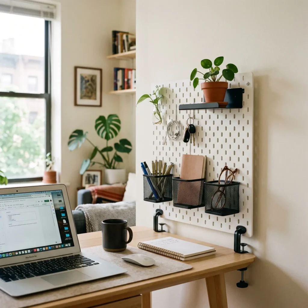 Desk-mounted white pegboard attached with metal edge clamps holding office stationery without wall drilling.